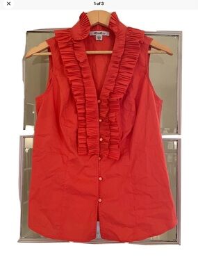 Sleeveless Ruffle-Front Button-Down Top in Coral